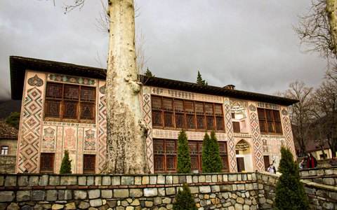 The richly painted facade of the Sheki Khan's Palace behind a tall plane tree and stone wall