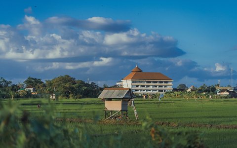 A green rice field with a small hut in Seminyak, with a building behind and white clouds in a blue sky