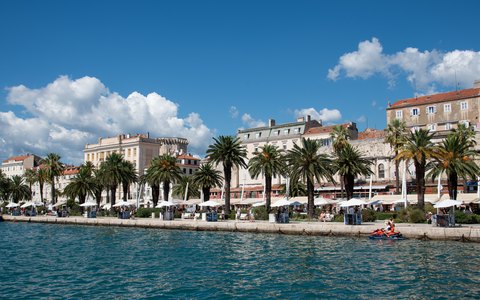 Palm trees along Split's waterfront promenade in front of pale stone buildings, with white clouds in a blue sky