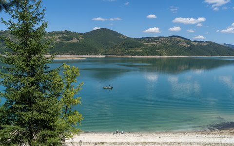 A calm lake with a small boat, a pine tree in front and green wooded hills under a blue sky