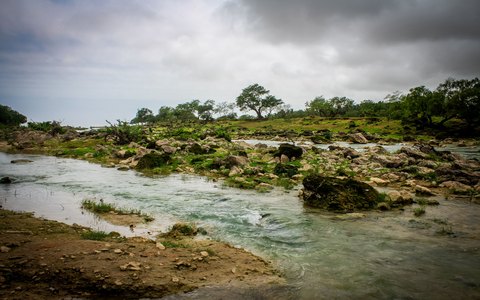 A clear stream running over rocks between green plants near Taqah
