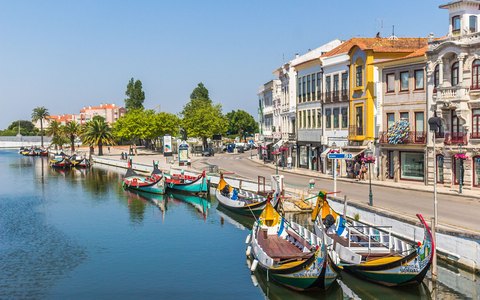 Painted moliceiro boats moored along a canal in Aveiro, with town buildings and a bright sky
