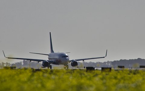 Verkehrsflugzeug, das am Flughafen Málaga zur Startbahn rollt, von vorne gesehen mit grünem Gras im Vordergrund