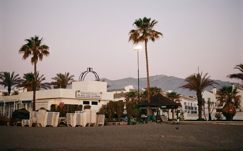 Palm trees and a beach bar on Playa Los Alamos in Torremolinos at sunrise, with mountains behind