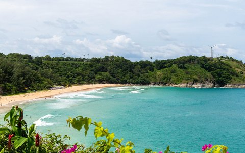 The curved sand of Nai Harn Beach and turquoise water framed by green hills, with flowers in the foreground