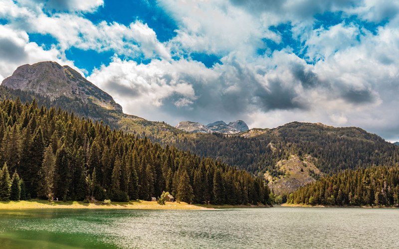 Ein Bergsee unterhalb eines Kiefernwaldes und des felsigen Meded-Gipfels, darüber ein weiter blauer Himmel voller weißer Wolken